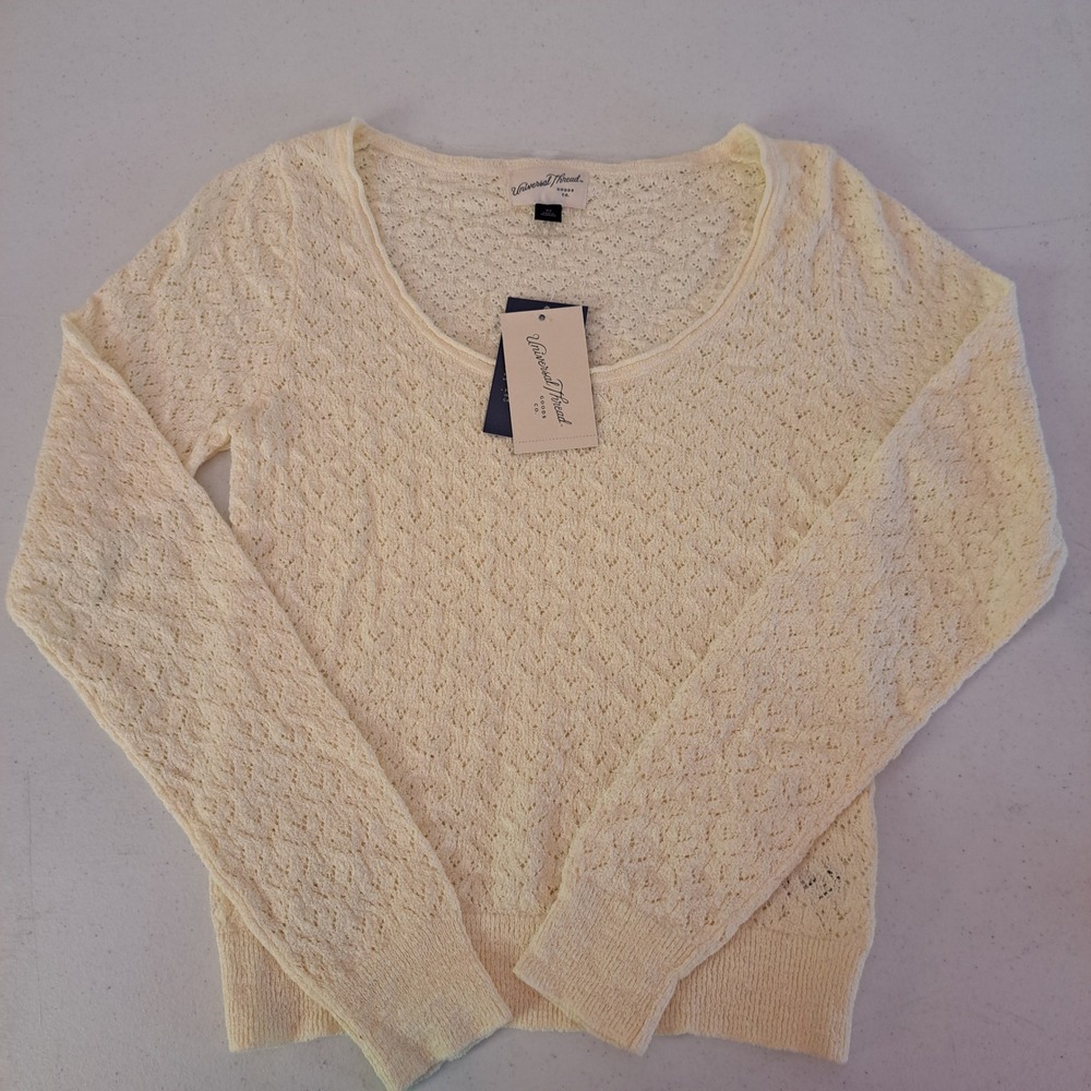Universal Thread Pointelle Sweater Womens XS Cream NWT Scoop Neck Knit